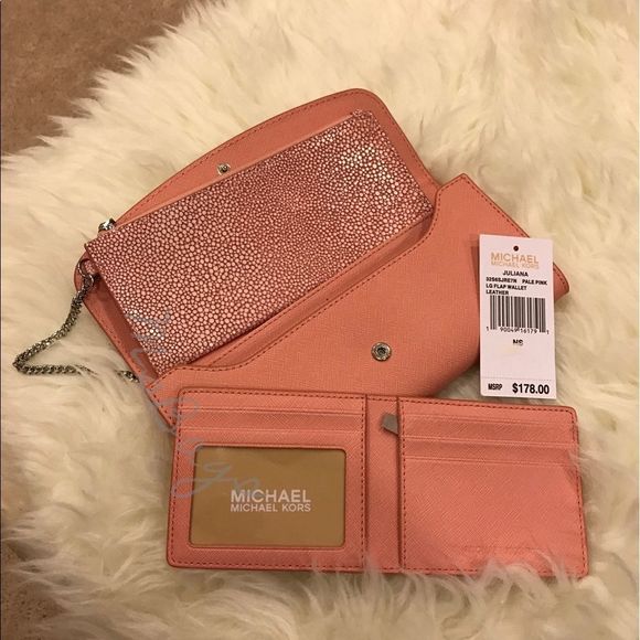 NWT Michael Kors Juliana 3 in 1 Flap Long Wallet Pink/silver - Picture 2 of 6